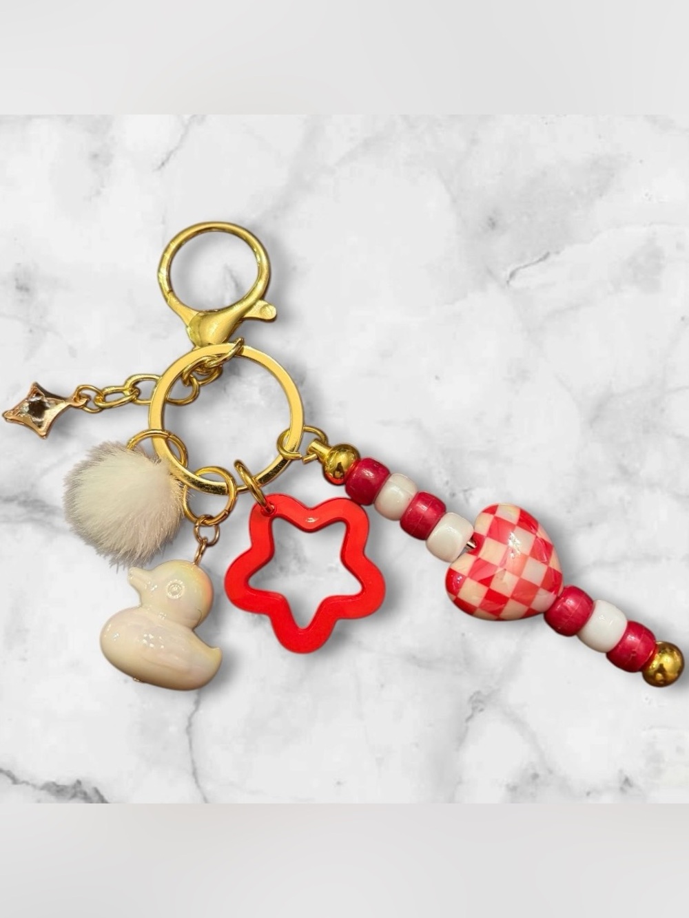 Gold-Tone Key & Card Holder Charm with Red Star and Pink Duck